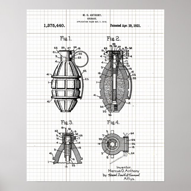 Vintage Grenade Patent Grid Poster (Front)