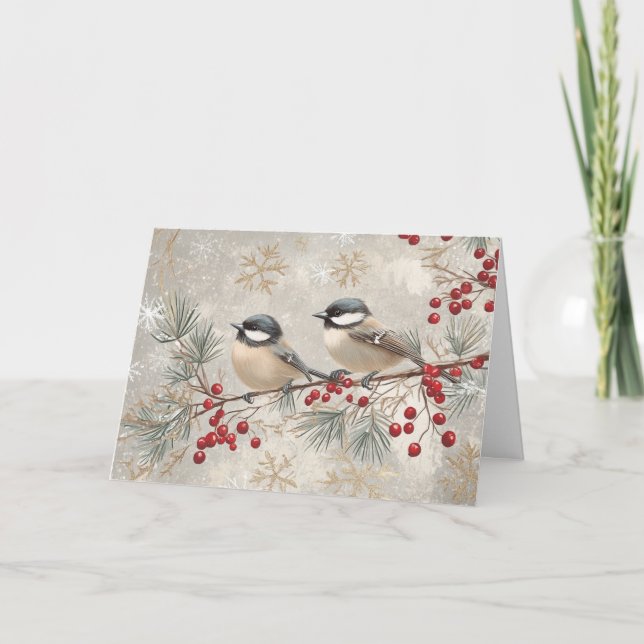 Vintage Grey Chickadees with Red Berries Card (Front)