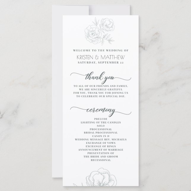 Vintage Grey Modern Floral Wedding Program (Front)
