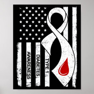 Vintage Grey Ribbon American Flag Type 1 Diabetes Poster