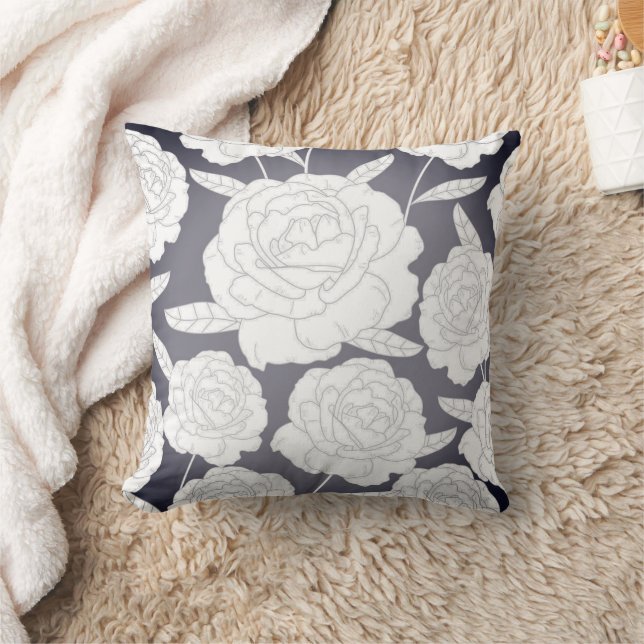 Vintage Grey Rose Throw Pillow (Blanket)