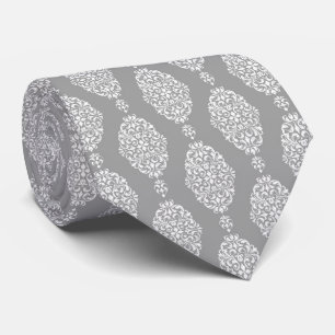 VINTAGE GREY SILVER WHITE BOTANICAL TIE