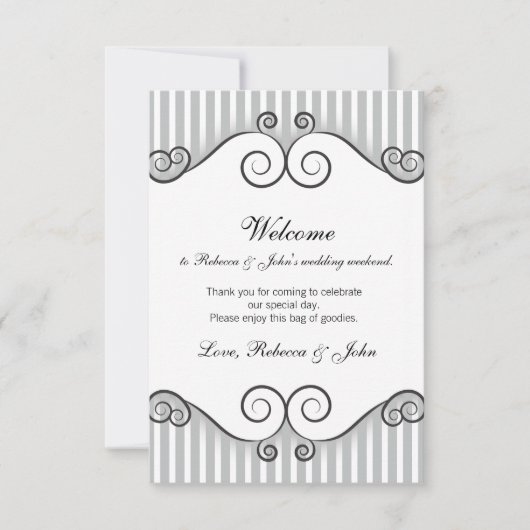 Vintage Grey Striped Wedding Welcome Card (Front)