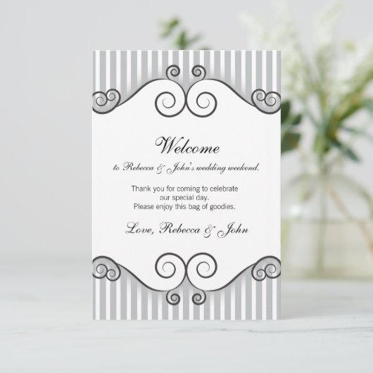 Vintage Grey Striped Wedding Welcome Card (Standing Front)