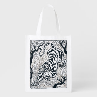 Vintage Grey Tiger In The Jungle Art T-Shirt Grocery Bag