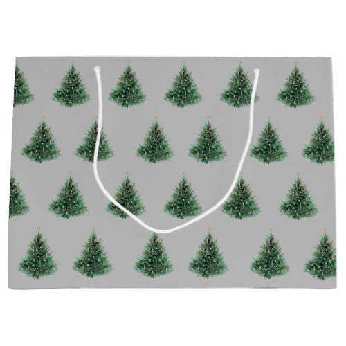 Vintage Grey Watercolor Christmas Green Pine Tree Large Gift Bag