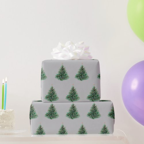 Vintage Grey Watercolor Christmas Green Pine Tree Wrapping Paper