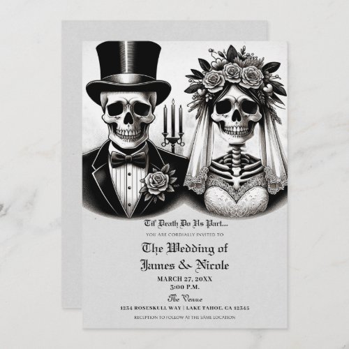 Vintage Grey White Skeleton Bride  Groom Wedding Invitation