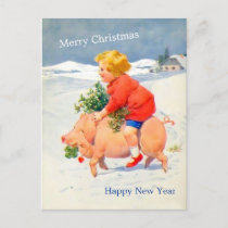 Vintage Gril on Pig Christmas New Year Image Card