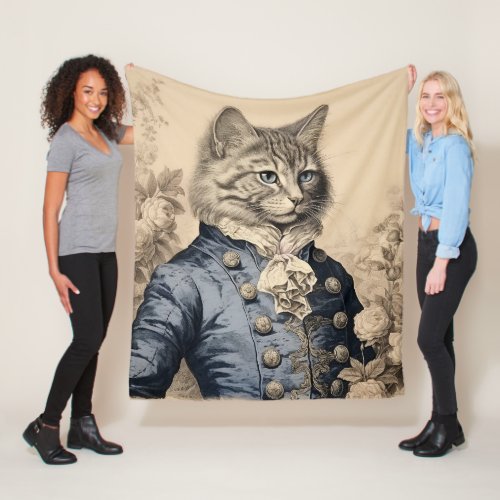 Vintage Grissaile Cat Gentleman Botanical Roses Fleece Blanket