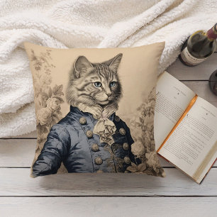 Vintage Grissaile Cat Gentleman Botanical Roses Throw Pillow