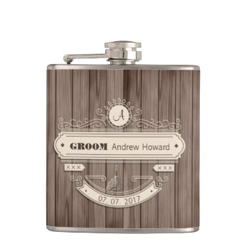 Vintage Groom Wedding Date Ornement Woody Flask by Pick_Up_Me at Zazzle