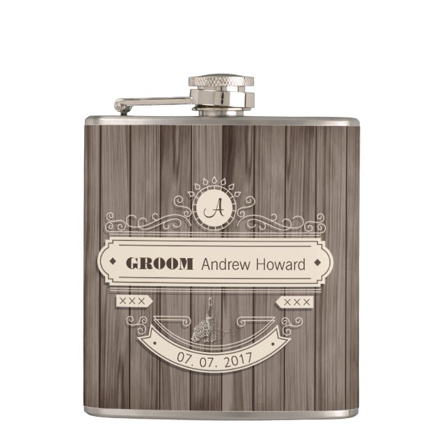 Vintage Groom Wedding Date Ornement Woody Flask (Front)