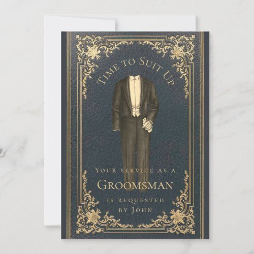 Vintage Groomsman Proposal Blue Gold Suit Up Time  Invitation