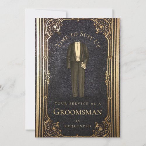Vintage Groomsman Proposal Elegant Gold Black Suit Invitation