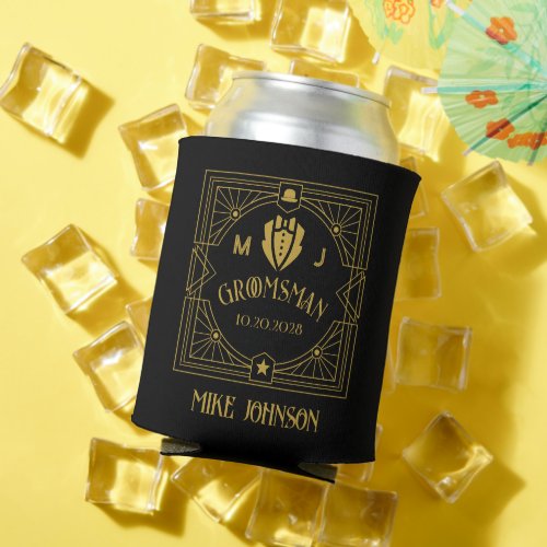 Vintage Groomsmen Victorian Style Modern Monogram Can Cooler