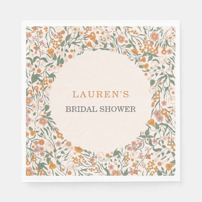 Vintage Groovy Boho Wildflowers Bridal Shower Napkins (Front)