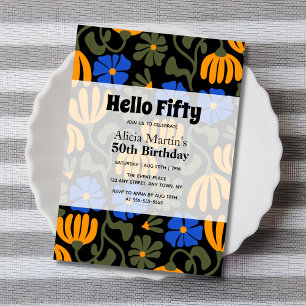 Vintage Groovy Flower Hello Fifty Black Birthday Invitation