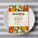 Vintage Groovy Flower Hello Sixty 60th Birthday Invitation<br><div class="desc">Vintage Groovy Hippie Flower on dark green Backdrop Birthday Invitation.</div>