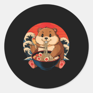 Vintage Groundhog Eating Ramen Funny Happy Groundh Classic Round Sticker