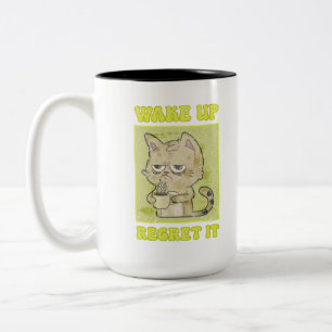 Vintage Grumpy Cat Illustration Wake Up Regret It Two-Tone Coffee Mug