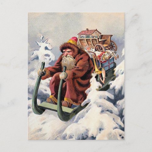 Vintage Grumpy Sledding Santa Christmas Postcard