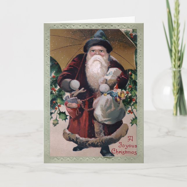 Vintage Grumpy Umbrella Santa Holiday Card (Front)