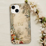 Vintage Grunge Artisan Botanical Monogram Case-Mate iPhone 14 Case<br><div class="desc">Artistic vintage style scarlet,  white and dusty blue flowers with sage and brown foliage on distressed artisan parchment with optional text field for your name or monogram.</div>