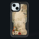 Vintage Grunge Artisan Botanical Monogram iPhone 15 Case<br><div class="desc">Artistic vintage style scarlet,  white and dusty blue flowers with sage and brown foliage on distressed artisan parchment with optional text field for your name or monogram.</div>
