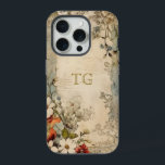 Vintage Grunge Artisan Botanical Monogram iPhone 15 Pro Case<br><div class="desc">Artistic vintage style scarlet,  white and dusty blue flowers with sage and brown foliage on distressed artisan parchment with optional text field for your name or monogram.</div>
