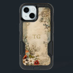 Vintage Grunge Artisan Botanical Monogram iPhone 15 Case<br><div class="desc">Artistic vintage style scarlet,  white and dusty blue flowers with sage and brown foliage on distressed artisan parchment with optional text field for your name or monogram.</div>