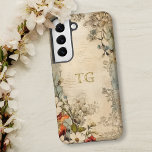 Vintage Grunge Artisan Botanical Monogram Samsung Galaxy S22 Case<br><div class="desc">Artistic vintage style scarlet,  white and dusty blue flowers with sage and brown foliage on distressed artisan parchment with optional text field for your name or monogram.</div>