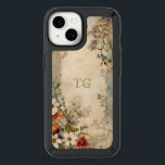 Vintage Grunge Artisan Botanical Monogram Speck iPhone 14 Case<br><div class="desc">Artistic vintage style scarlet,  white and dusty blue flowers with sage and brown foliage on distressed artisan parchment with optional text field for your name or monogram.</div>