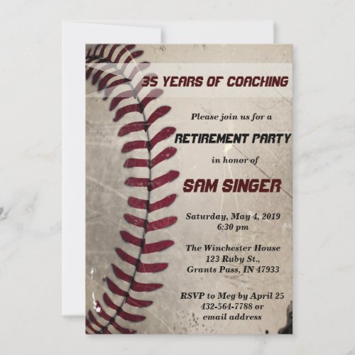 Vintage Grunge Baseball Coach Retirement Birthday Invitation