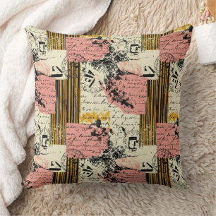 Vintage Grunge Collage Magenta Mustard Black Cream Throw Pillow