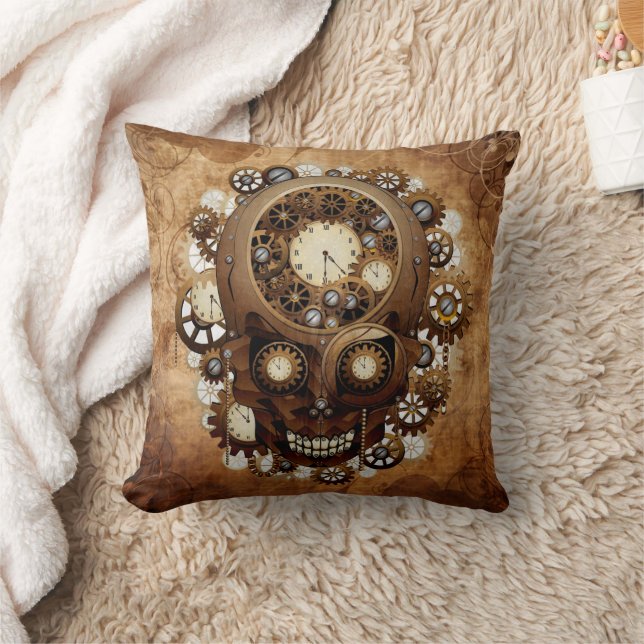 Vintage Grunge Copper Steampunk Skull Throw Pillow (Blanket)