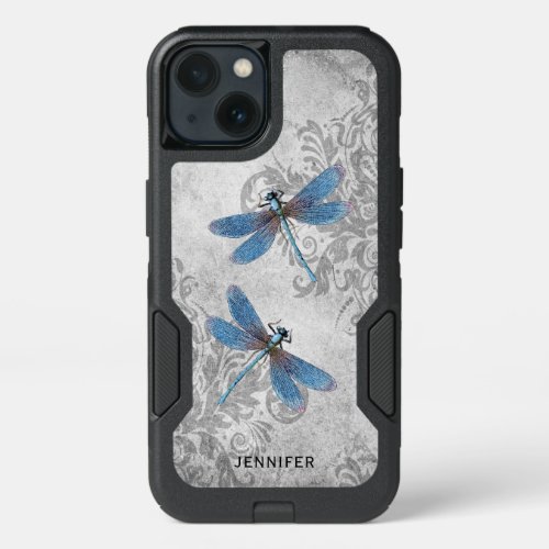 Vintage Grunge Damask and Dragonflies with Name iPhone 13 Case