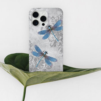 Vintage Grunge Damask Blue Dragonflies Iphone 15 Pro Max Case by encore_arts at Zazzle