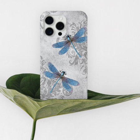 Vintage Grunge Damask Blue Dragonflies Iphone 15 Pro Max Case