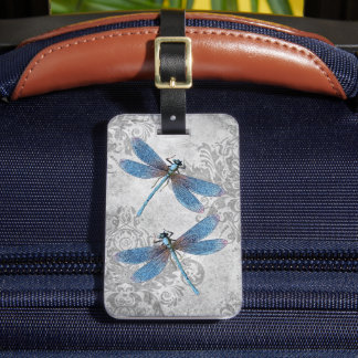 Vintage Grunge Damask Dragonflies Luggage Tag