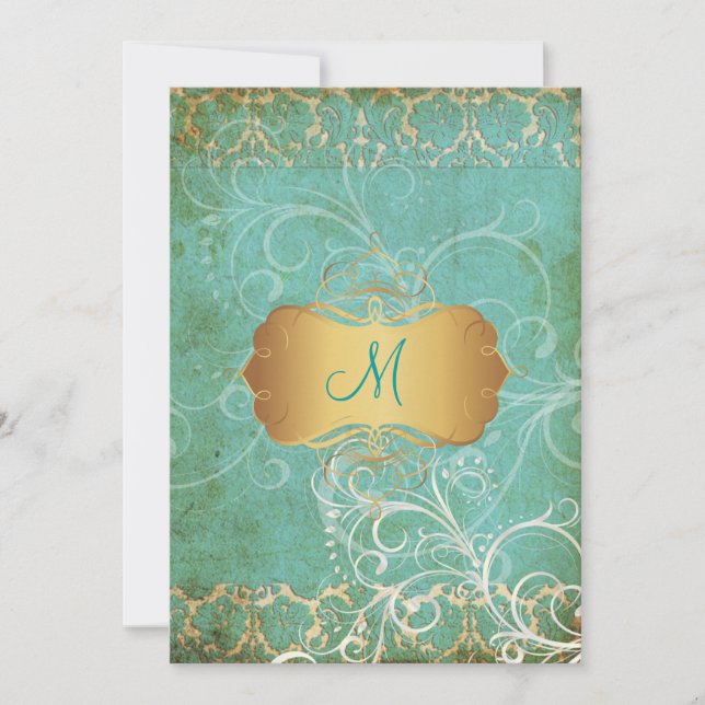 Vintage grunge damask/monogram Wedding Invitations (Front)