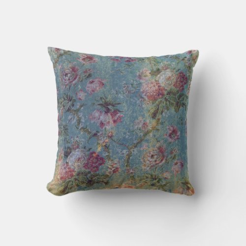 Vintage Grunge Floral Pillow_Pink Flowers on Blue Throw Pillow