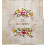 Vintage Grunge Floral Wreath Monogram Family Name Shower Curtain at Zazzle