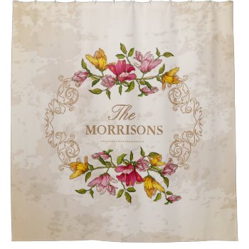 Vintage Grunge Floral Wreath Monogram Family Name Shower Curtain by ShowerCurtain101 at Zazzle