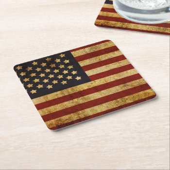 Vintage Grunge Patriotic Usa American Flag Square Paper Coaster by electrosky at Zazzle