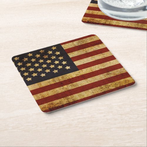 Vintage Grunge Patriotic USA American Flag Square Paper Coaster