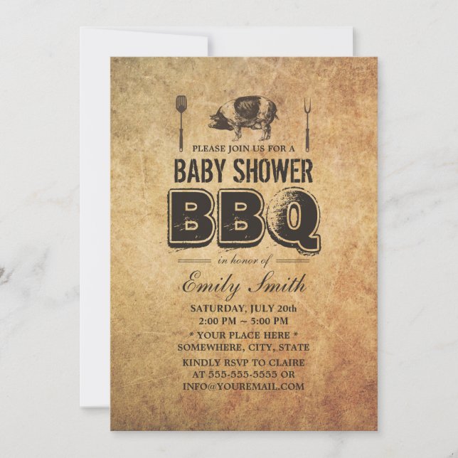 Vintage Grunge Pig Roast Baby Shower BBQ Invitation (Front)