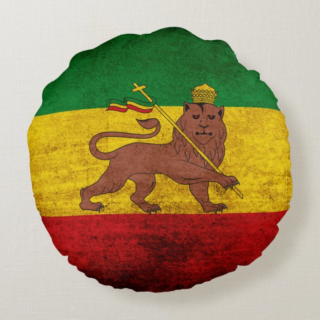 Vintage Grunge Rastafarian Flag Round Pillow (Back)