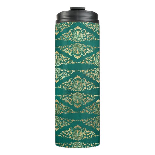 Vintage Grunge Teal and Gold Damask Thermal Tumbler