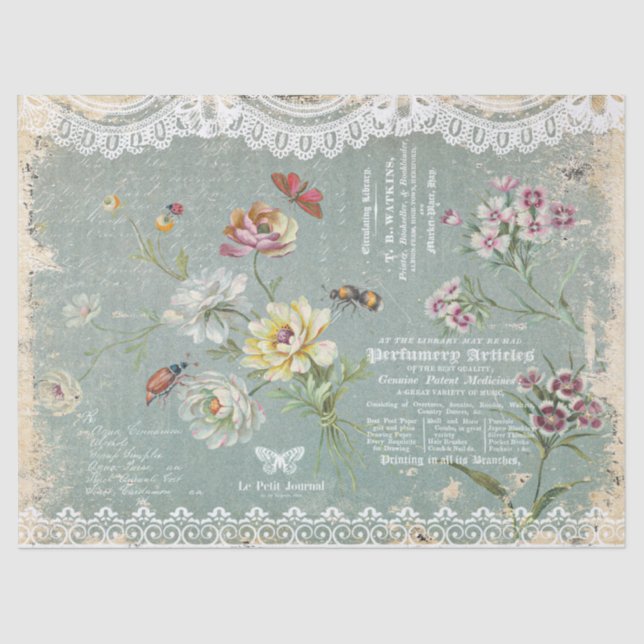 Vintage Grunge Teal Florals Decoupage Tissue Paper (Front)